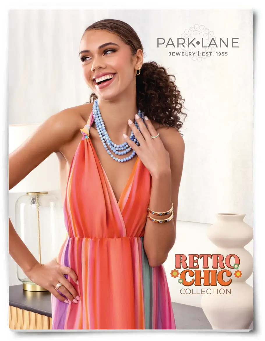 Retro Chic catalog cover showing a model in orange and pink retro dress, wearing gold bracelets, rings, and blue beaded necklace